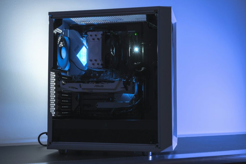 Computer hardware illuminated by blue lighting