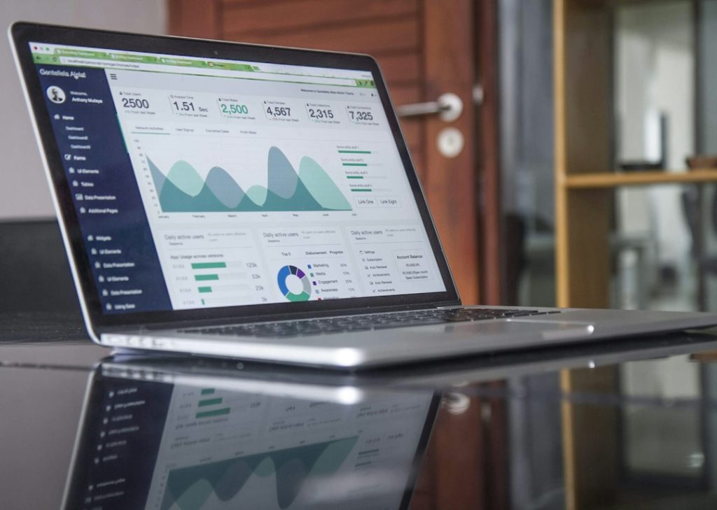 Laptop displaying business analytics on a desk